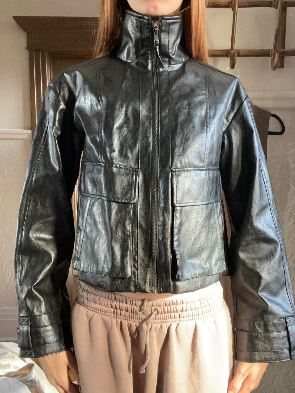 H&M Black Faux Leather Zip-Up Jacket